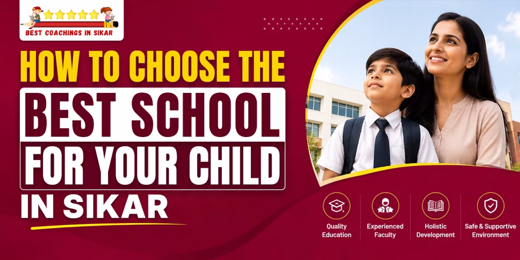 A promotional banner from Best Coachings in Sikar titled "How to choose the best school for your child in Sikar." It features a smiling mother and her son in a school uniform looking upward optimistically, alongside icons representing quality education, experienced faculty, holistic development, and a safe, supportive environment.
