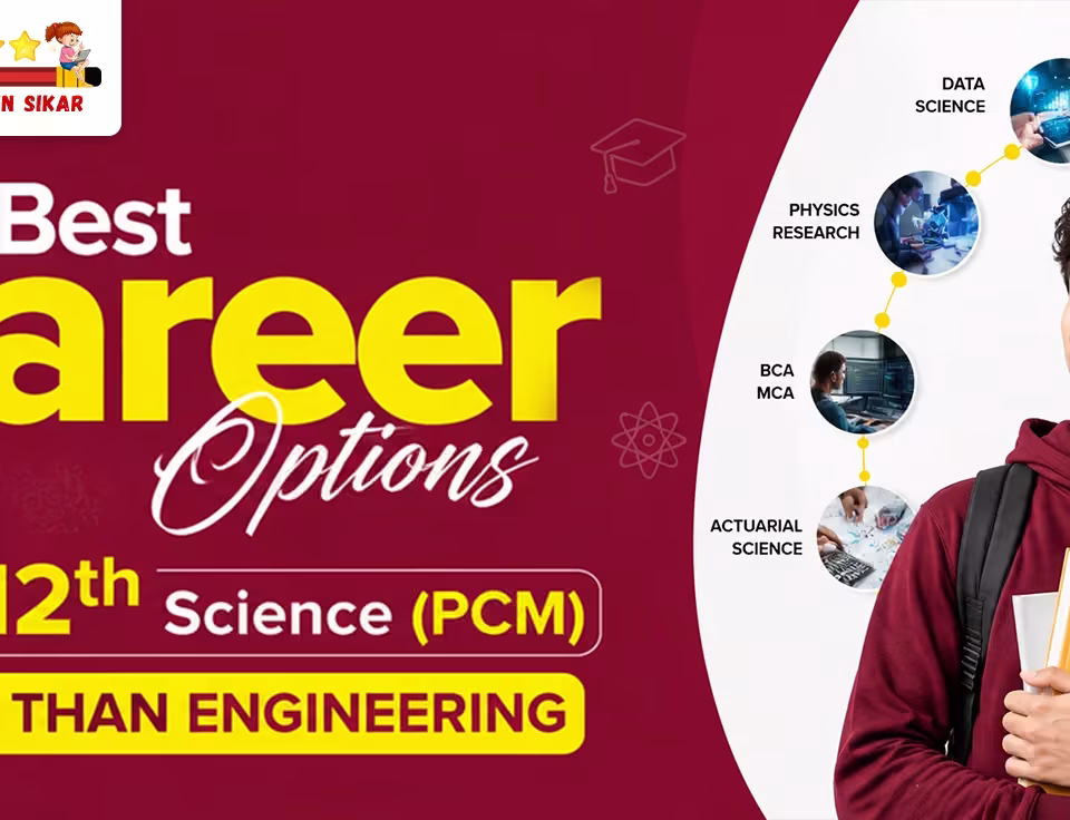 Promotional banner by Best Coachings in Sikar displaying the text "Best Career Options After 12th Science (PCM) OTHER THAN ENGINEERING". A young male student holding books looks thoughtfully toward a connected visual pathway of alternative careers, including Data Science, Physics Research, BCA MCA, and Actuarial Science.