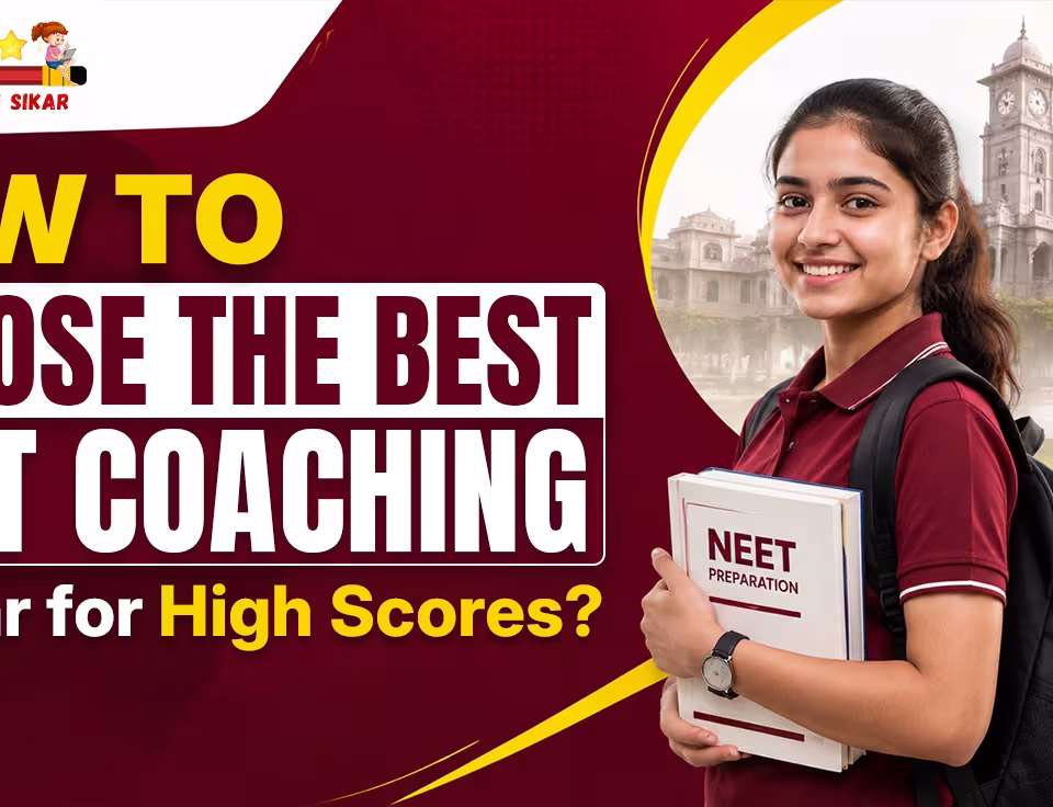Promotional banner asking "How to Choose the Best NEET Coaching in Sikar for High Scores?" featuring a smiling female student holding a NEET preparation book, with the Sikar education city skyline in the background.