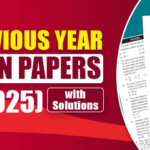 NEET previous year question papers (2019-2025) with solutions, displayed alongside a pencil on top of printed sheets of physics questions. Bright red and yellow banner highlighting the title.