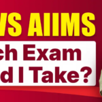 A thoughtful student holding a backpack, looking confused, with bold text asking 'NEET VS AIIMS: Which Exam Should I Take?' on a red background.