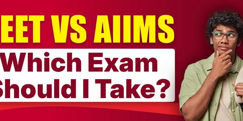 A thoughtful student holding a backpack, looking confused, with bold text asking 'NEET VS AIIMS: Which Exam Should I Take?' on a red background.