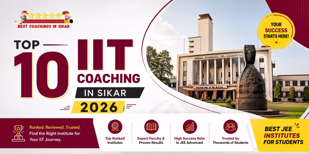 Promotional banner for the Top 10 IIT Coaching institutes in Sikar for 2026, featuring a photograph of an IIT campus building alongside text highlighting top-ranked institutes, expert faculty, and high JEE Advanced success rates.