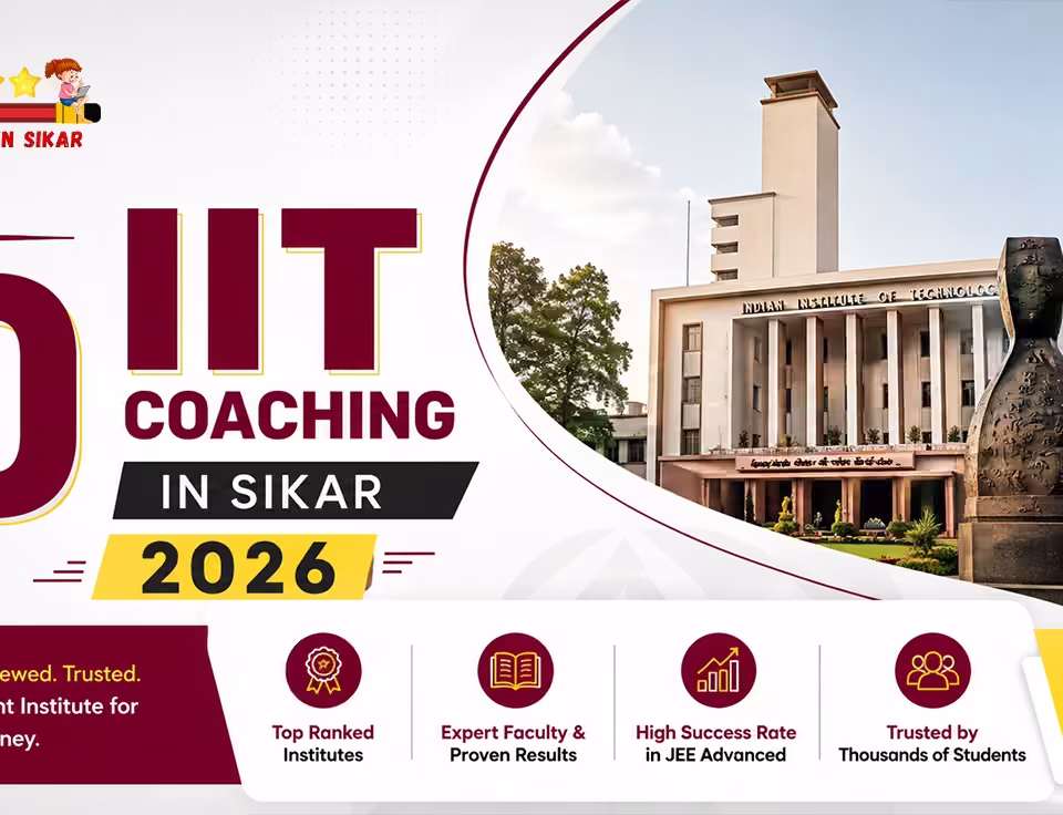 Promotional banner for the Top 10 IIT Coaching institutes in Sikar for 2026, featuring a photograph of an IIT campus building alongside text highlighting top-ranked institutes, expert faculty, and high JEE Advanced success rates.