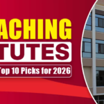 A promotional graphic titled "LEADING JEE COACHING INSTITUTES IN SIKAR" with "Top 10 Picks for 2026" written in a small white box. The text is layered over a red background with wave patterns on the left. On the right, there is a photo of a modern multi-story school building featuring a large white sign that reads "MATRIX" with a green gear logo.