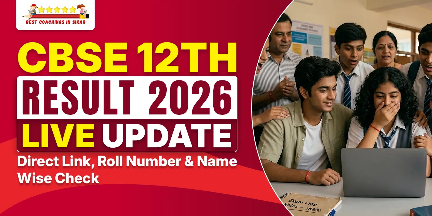 CBSE 12th Result 2026 Live Update banner showing happy students checking results on laptop with direct link, roll number and name wise check