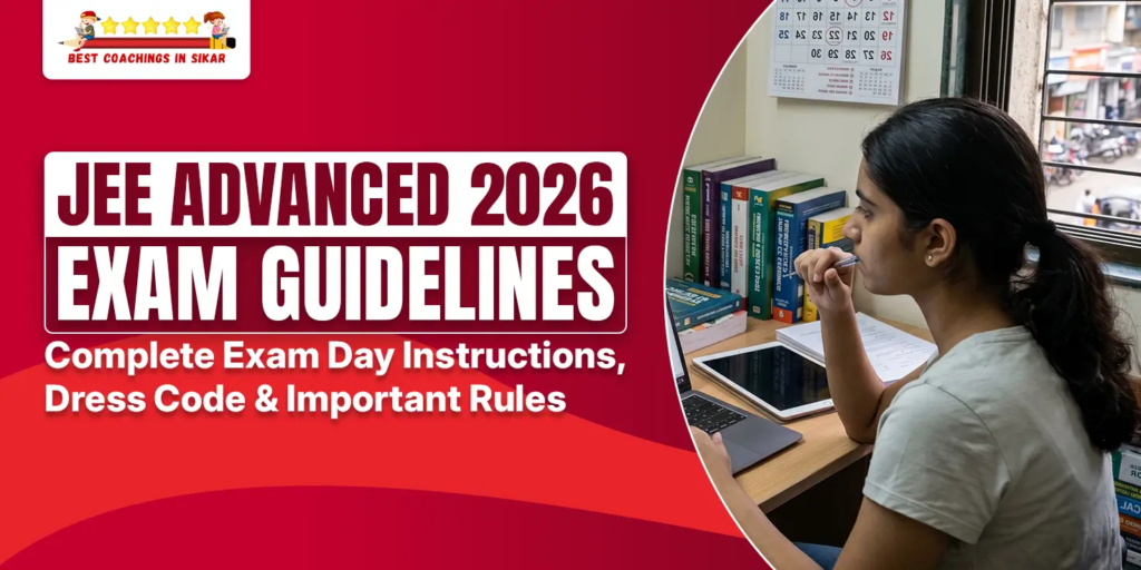 Promotional banner for JEE Advanced 2026 exam guidelines by Best Coachings in Sikar. Bold red background with white text announcing “JEE ADVANCED 2026 EXAM GUIDELINES – Complete Exam Day Instructions, Dress Code & Important Rules”. On the right, a circular photo shows a focused young female student with ponytail studying at a desk with books (Arihant, Cengage), laptop, tablet, and notes. She is holding a pen near her mouth while thinking. Background includes a calendar and window view of a street.