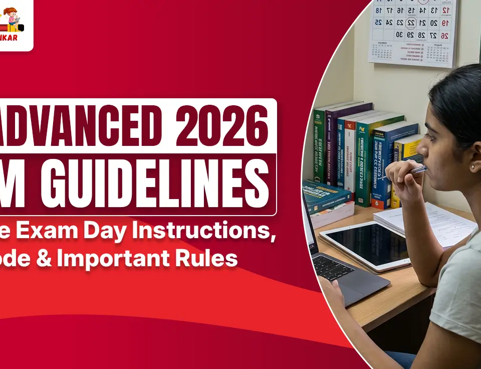Promotional banner for JEE Advanced 2026 exam guidelines by Best Coachings in Sikar. Bold red background with white text announcing “JEE ADVANCED 2026 EXAM GUIDELINES – Complete Exam Day Instructions, Dress Code & Important Rules”. On the right, a circular photo shows a focused young female student with ponytail studying at a desk with books (Arihant, Cengage), laptop, tablet, and notes. She is holding a pen near her mouth while thinking. Background includes a calendar and window view of a street.
