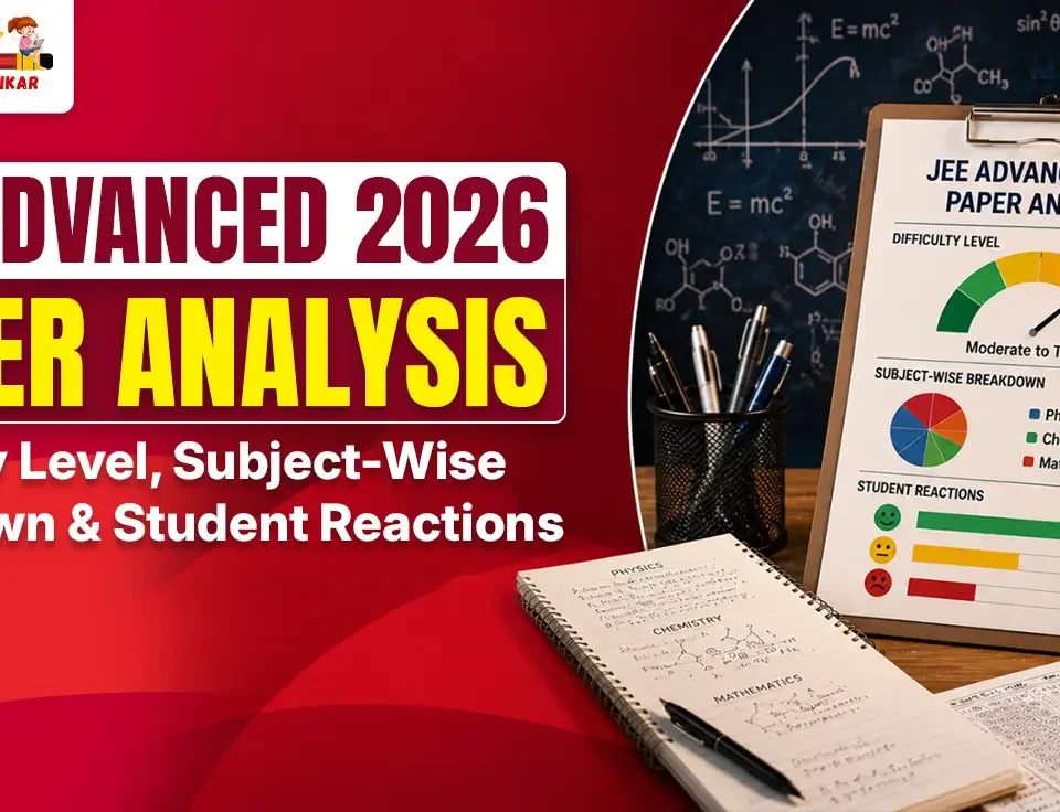 JEE Advanced 2026 Paper Analysis graphic showing difficulty level, subject-wise breakdown, and student reactions. Features a clipboard with analysis charts, open notebooks with physics, chemistry and maths formulas, and educational background with equations.