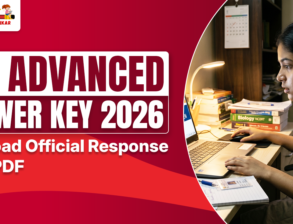 Promotional banner for Best Coachings in Sikar featuring the JEE Advanced Answer Key 2026. Bold red and white design with the text "JEE ADVANCED ANSWER KEY 2026" and "Download Official Response Sheet PDF". On the right, a focused young female student in a beige top studies at a desk with a laptop, Biology NCERT books, study lamp, and notebook in a well-lit room.