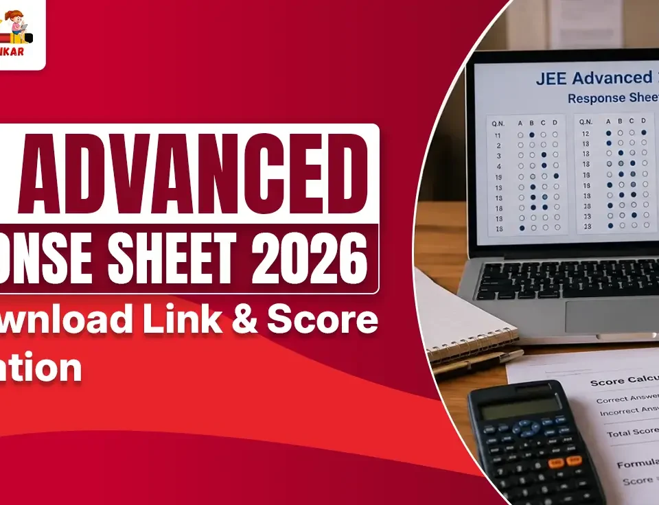 "JEE Advanced 2026 Response Sheet – Best Coachings in Sikar. Laptop screen showing official JEE Advanced response sheet with 145 total score and 98.76 percentile. Includes Physics, Chemistry & Mathematics books, calculator, score calculation formula (Score = 3×Correct – 1×Incorrect), and direct download link. Perfect for JEE aspirants checking results."