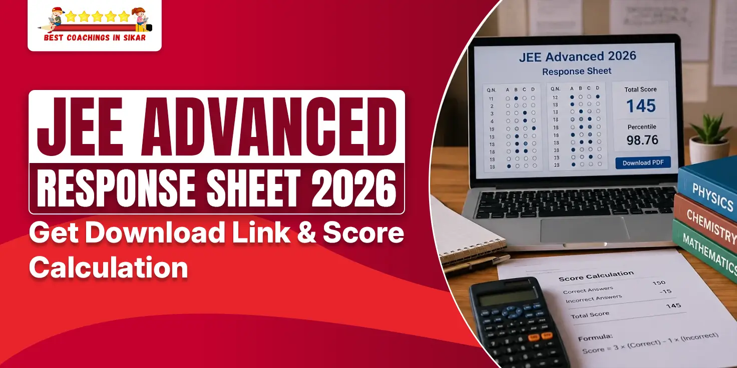 "JEE Advanced 2026 Response Sheet – Best Coachings in Sikar. Laptop screen showing official JEE Advanced response sheet with 145 total score and 98.76 percentile. Includes Physics, Chemistry & Mathematics books, calculator, score calculation formula (Score = 3×Correct – 1×Incorrect), and direct download link. Perfect for JEE aspirants checking results."
