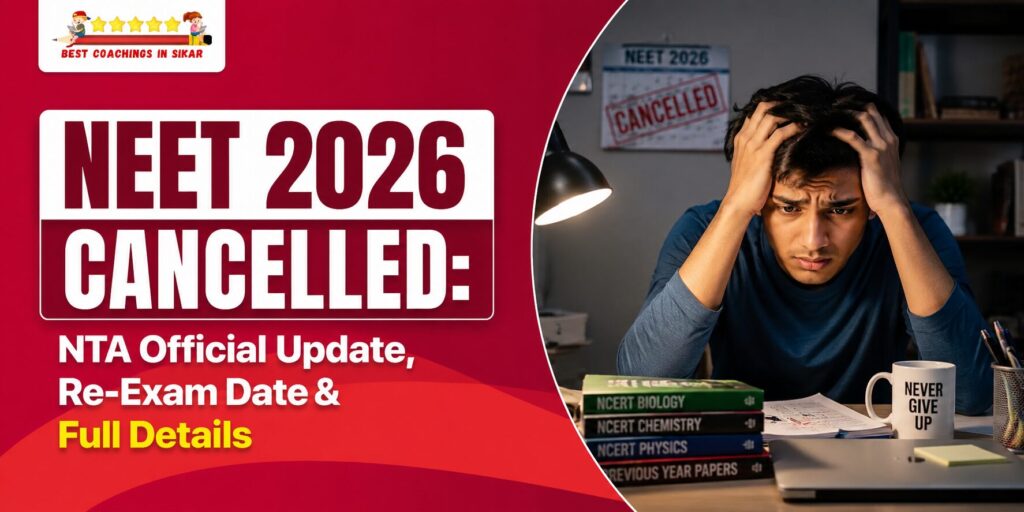"Promotional graphic announcing NEET 2026 cancellation. Left side features bold white text on maroon background: 'NEET 2026 CANCELLED: NTA Official Update, Re-Exam Date & Full Details' with 'BEST COACHINGS IN SIKAR' logo at top. Right side shows a stressed young Indian male student in blue t-shirt sitting at a study desk, hands clutching his head in worry under a desk lamp. Background shows a wall calendar stamped 'NEET 2026 CANCELLED'. Desk has stacked NCERT books (Biology, Chemistry, Physics), previous year papers, laptop, sticky notes, and a white mug with 'NEVER GIVE UP' text. Red curved design elements and motivational theme for NEET aspirants."