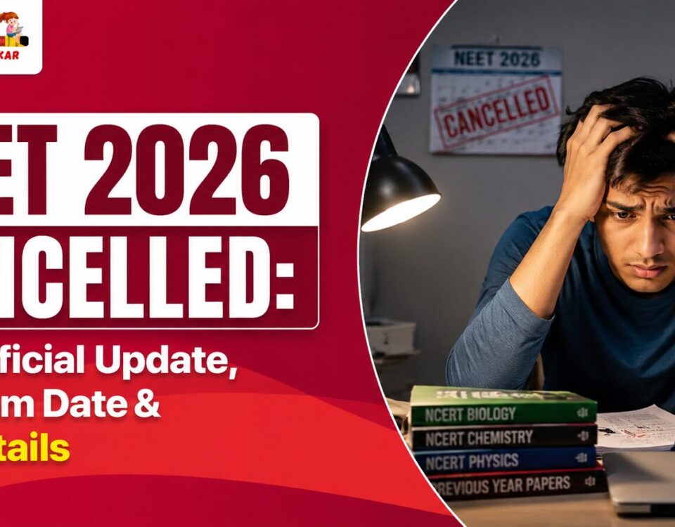 "Promotional graphic announcing NEET 2026 cancellation. Left side features bold white text on maroon background: 'NEET 2026 CANCELLED: NTA Official Update, Re-Exam Date & Full Details' with 'BEST COACHINGS IN SIKAR' logo at top. Right side shows a stressed young Indian male student in blue t-shirt sitting at a study desk, hands clutching his head in worry under a desk lamp. Background shows a wall calendar stamped 'NEET 2026 CANCELLED'. Desk has stacked NCERT books (Biology, Chemistry, Physics), previous year papers, laptop, sticky notes, and a white mug with 'NEVER GIVE UP' text. Red curved design elements and motivational theme for NEET aspirants."