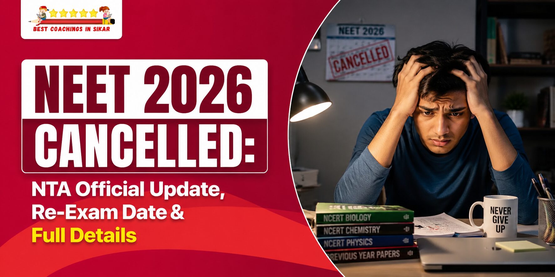 "Promotional graphic announcing NEET 2026 cancellation. Left side features bold white text on maroon background: 'NEET 2026 CANCELLED: NTA Official Update, Re-Exam Date & Full Details' with 'BEST COACHINGS IN SIKAR' logo at top. Right side shows a stressed young Indian male student in blue t-shirt sitting at a study desk, hands clutching his head in worry under a desk lamp. Background shows a wall calendar stamped 'NEET 2026 CANCELLED'. Desk has stacked NCERT books (Biology, Chemistry, Physics), previous year papers, laptop, sticky notes, and a white mug with 'NEVER GIVE UP' text. Red curved design elements and motivational theme for NEET aspirants."