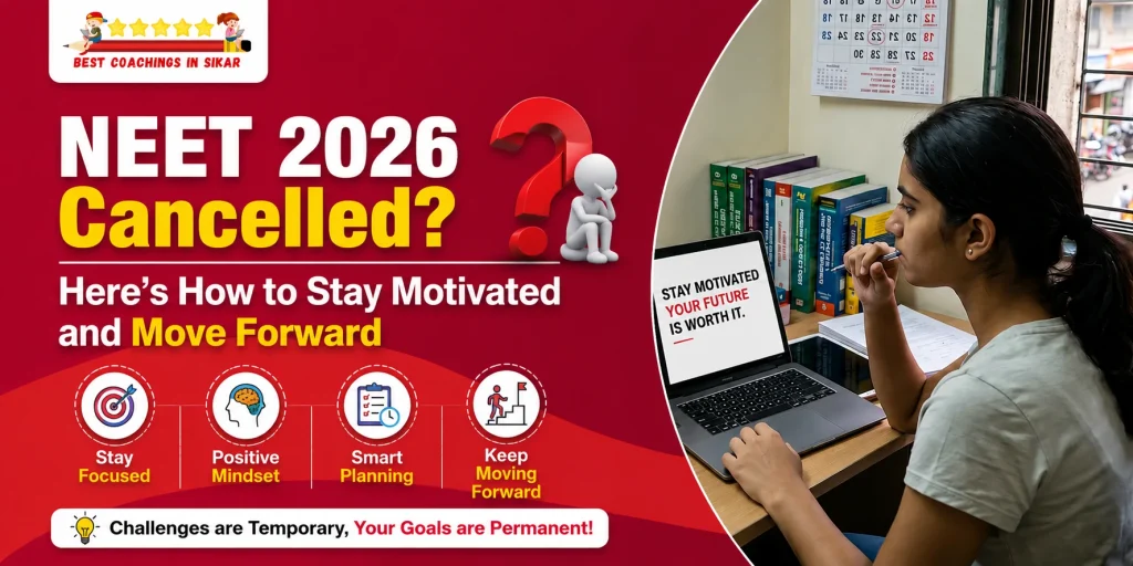 "Motivational poster for NEET 2026 aspirants by Best Coachings in Sikar. Bold red design with big text 'NEET 2026 Cancelled?' and a thinking emoji figure. Four key tips shown with icons: Stay Focused, Positive Mindset, Smart Planning, Keep Moving Forward. Right side shows a young Indian female student studying seriously on a laptop displaying the quote 'STAY MOTIVATED YOUR FUTURE IS WORTH IT.' Bottom message: 'Challenges are Temporary, Your Goals are Permanent!' Professional coaching advertisement."
