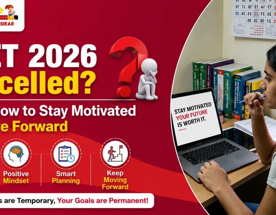 "Motivational poster for NEET 2026 aspirants by Best Coachings in Sikar. Bold red design with big text 'NEET 2026 Cancelled?' and a thinking emoji figure. Four key tips shown with icons: Stay Focused, Positive Mindset, Smart Planning, Keep Moving Forward. Right side shows a young Indian female student studying seriously on a laptop displaying the quote 'STAY MOTIVATED YOUR FUTURE IS WORTH IT.' Bottom message: 'Challenges are Temporary, Your Goals are Permanent!' Professional coaching advertisement."