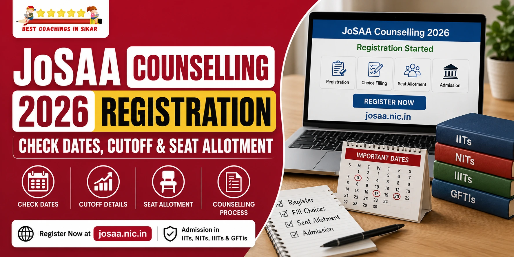 JoSAA Counselling 2026 Registration Started - Check important dates, cutoff ranks and seat allotment for admission in IITs, NITs, IIITs and GFTIs at josaa.nic.in