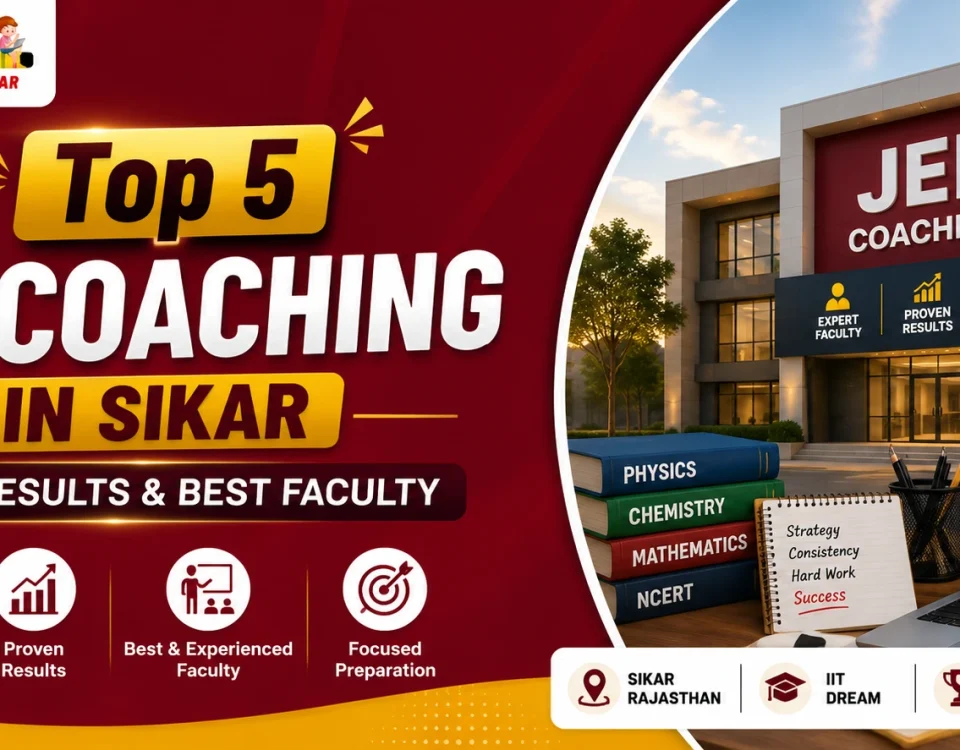 Promotional banner for Top 5 JEE Coaching Institutes in Sikar, Rajasthan. Features a modern JEE coaching building, stacked Physics, Chemistry, Mathematics, and NCERT books, a laptop displaying "Target JEE 2026", and highlights like affordable fees, proven results, best faculty, and focused preparation.