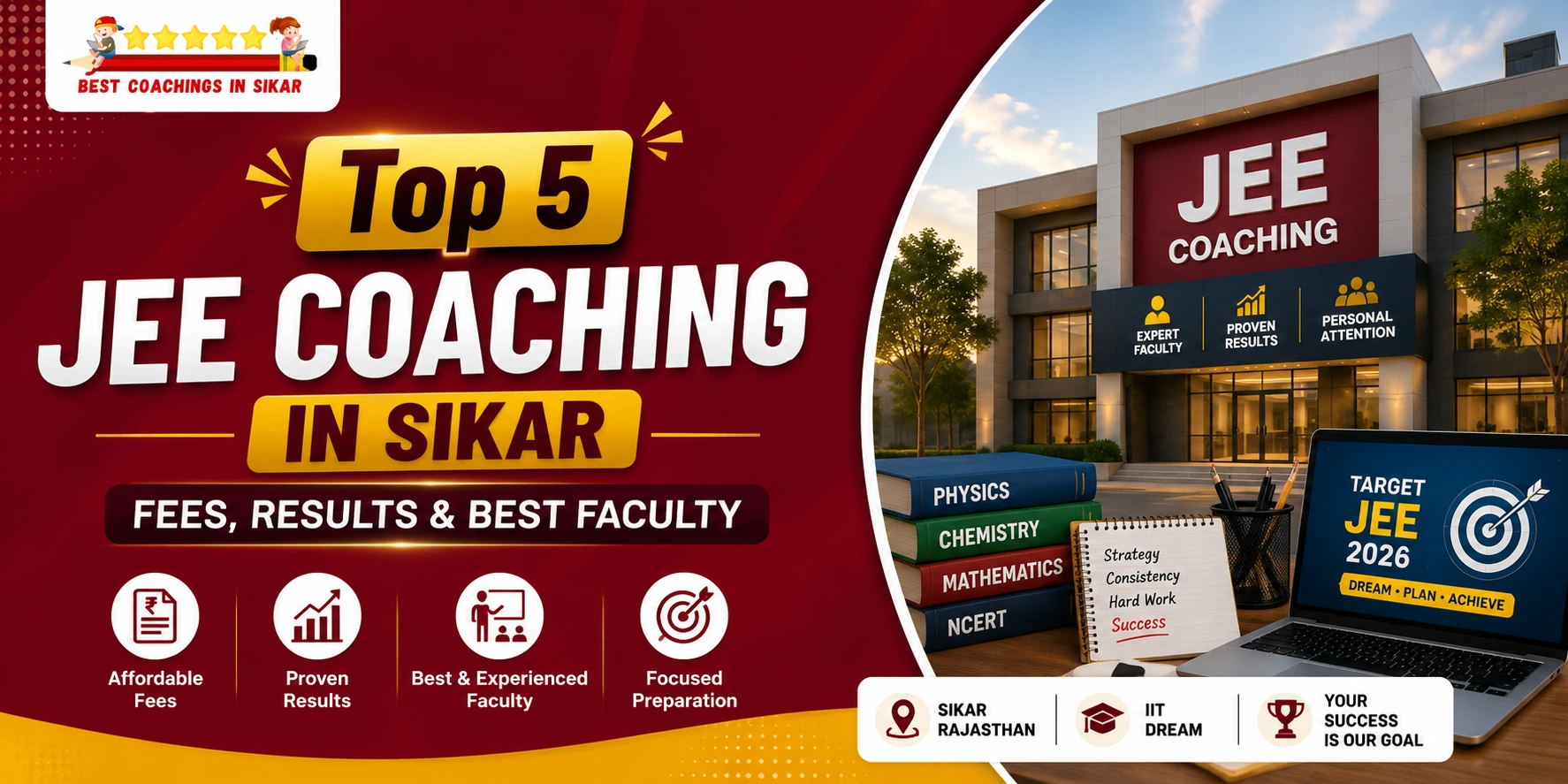 Promotional banner for Top 5 JEE Coaching Institutes in Sikar, Rajasthan. Features a modern JEE coaching building, stacked Physics, Chemistry, Mathematics, and NCERT books, a laptop displaying "Target JEE 2026", and highlights like affordable fees, proven results, best faculty, and focused preparation.