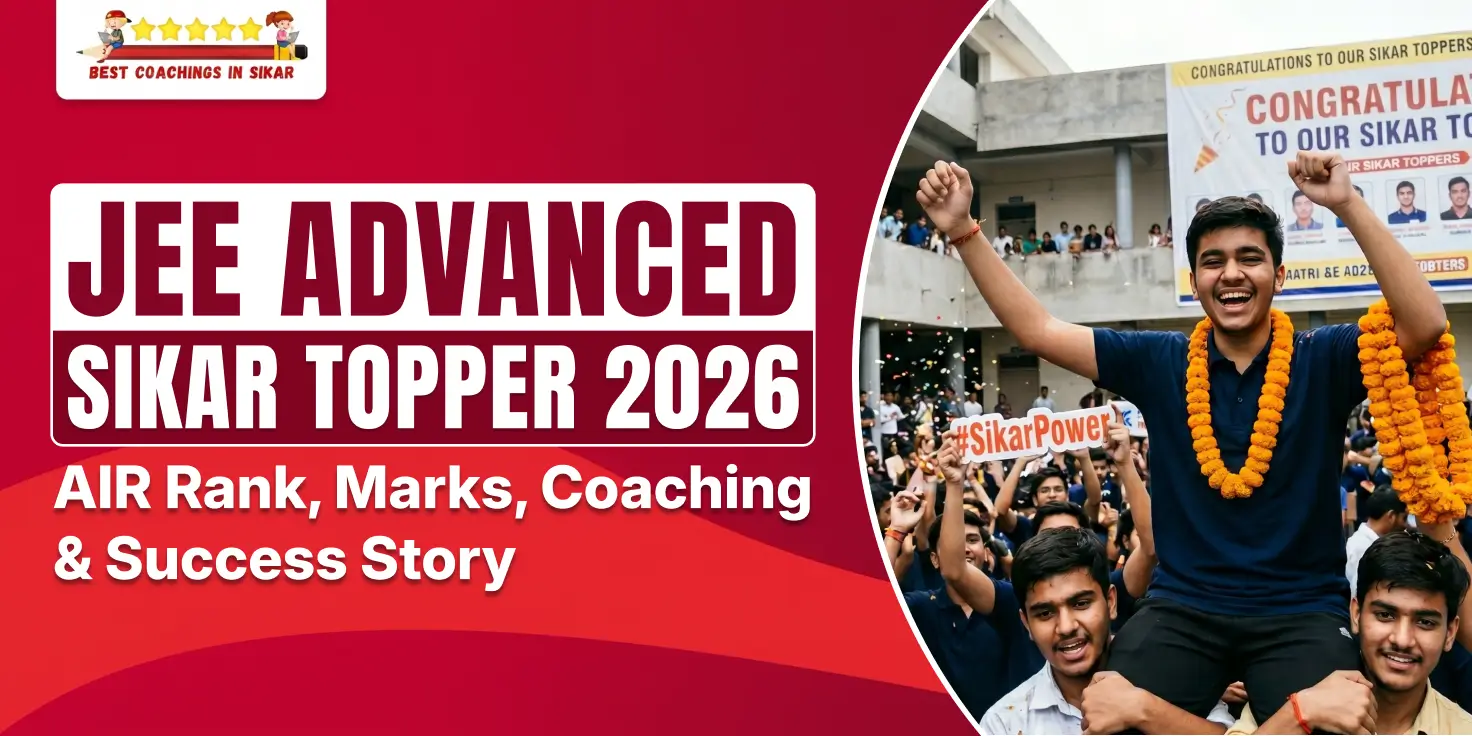 "JEE Advanced Sikar Topper 2026 celebration poster featuring a joyful student wearing orange marigold garlands being carried by friends, with a large crowd cheering in the background. Text highlights 'JEE Advanced Sikar Topper 2026' along with AIR Rank, Marks, Coaching & Success Story."