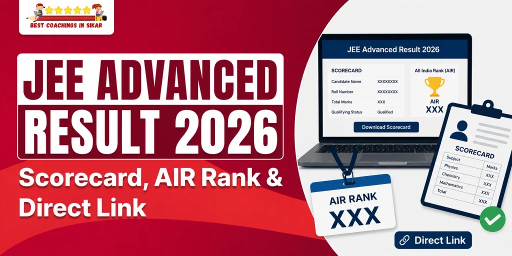 JEE Advanced 2026 Result announcement graphic showing scorecard, All India Rank (AIR), and direct link with laptop and clipboard mockup