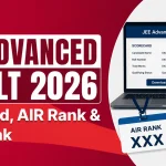 JEE Advanced 2026 Result announcement graphic showing scorecard, All India Rank (AIR), and direct link with laptop and clipboard mockup