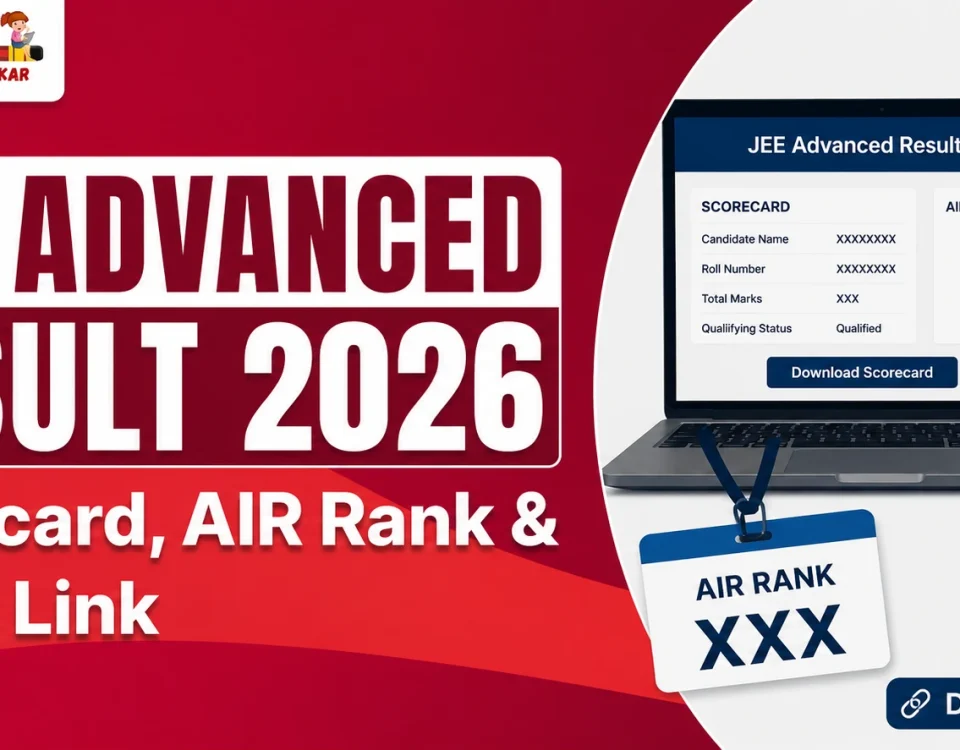 JEE Advanced 2026 Result announcement graphic showing scorecard, All India Rank (AIR), and direct link with laptop and clipboard mockup