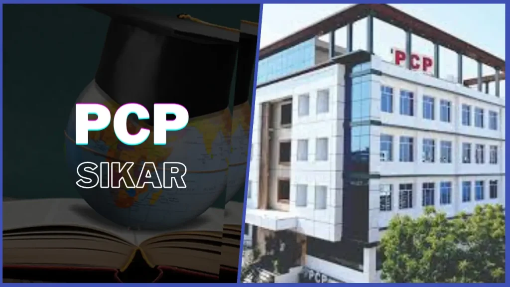 PCP Sikar coaching institute building. Split image showing the modern multi-story PCP campus on the right and educational graphics with graduation cap, globe, and open book on the left, with prominent "PCP SIKAR" branding.