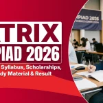 Promotional banner for Matrix Olympiad 2026 featuring a female student writing in a notebook during an exam, with bold red branding text "MATRIX OLYMPIAD 2026" and subtitle "Complete Guide, Syllabus, Scholarships, Registration, Study Material & Result". Best Coachings in Sikar logo at the top.
