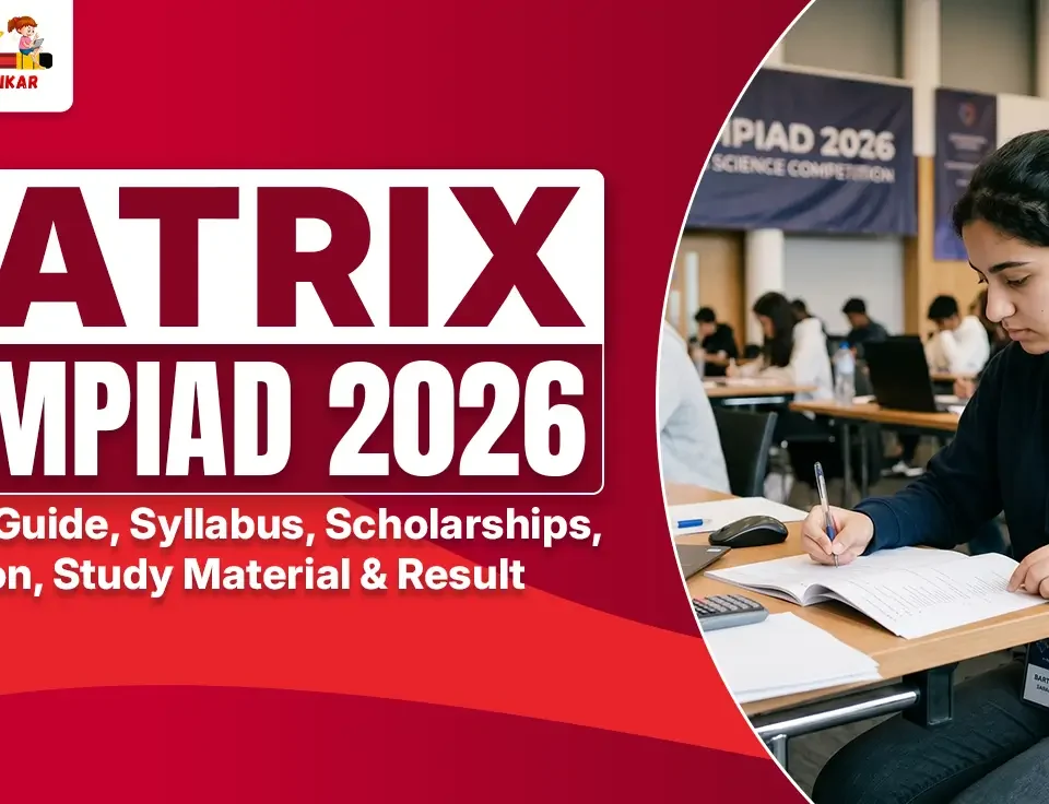 Promotional banner for Matrix Olympiad 2026 featuring a female student writing in a notebook during an exam, with bold red branding text "MATRIX OLYMPIAD 2026" and subtitle "Complete Guide, Syllabus, Scholarships, Registration, Study Material & Result". Best Coachings in Sikar logo at the top.