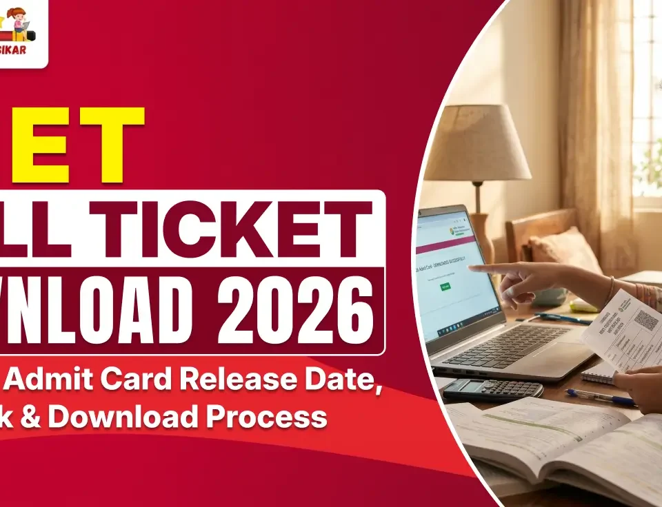 "NEET 2026 Hall Ticket Download banner featuring a smiling female student at a desk with laptop and documents. Text reads 'NEET HALL TICKET DOWNLOAD 2026 - Re-Exam Admit Card Release Date, Login Link & Download Process' with Best Coachings in Sikar logo."