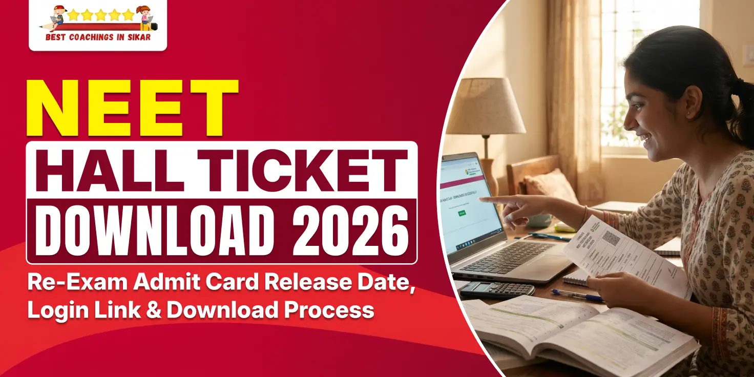 "NEET 2026 Hall Ticket Download banner featuring a smiling female student at a desk with laptop and documents. Text reads 'NEET HALL TICKET DOWNLOAD 2026 - Re-Exam Admit Card Release Date, Login Link & Download Process' with Best Coachings in Sikar logo."