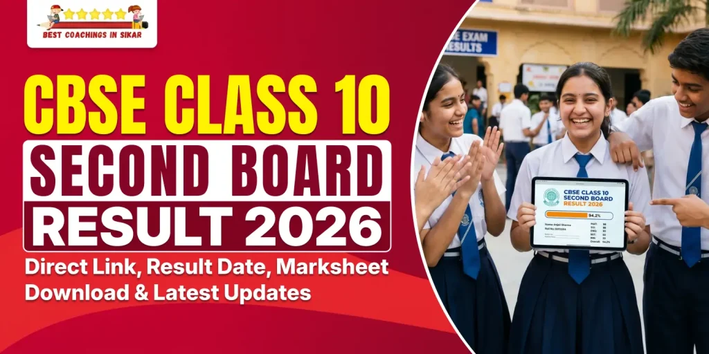 CBSE Class 10 Second Board Result 2026 announcement graphic with three happy students in school uniform celebrating and holding a tablet displaying a sample marksheet with 94.2% overall score. Bold red and yellow text reads "CBSE CLASS 10 SECOND BOARD RESULT 2026" along with "Best Coachings in Sikar" logo.