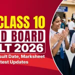 CBSE Class 10 Second Board Result 2026 announcement graphic with three happy students in school uniform celebrating and holding a tablet displaying a sample marksheet with 94.2% overall score. Bold red and yellow text reads "CBSE CLASS 10 SECOND BOARD RESULT 2026" along with "Best Coachings in Sikar" logo.