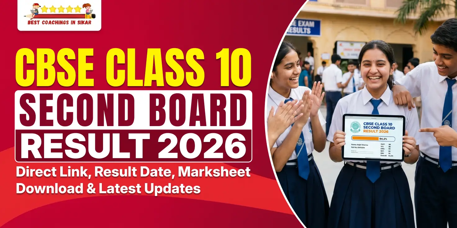 CBSE Class 10 Second Board Result 2026 announcement graphic with three happy students in school uniform celebrating and holding a tablet displaying a sample marksheet with 94.2% overall score. Bold red and yellow text reads "CBSE CLASS 10 SECOND BOARD RESULT 2026" along with "Best Coachings in Sikar" logo.