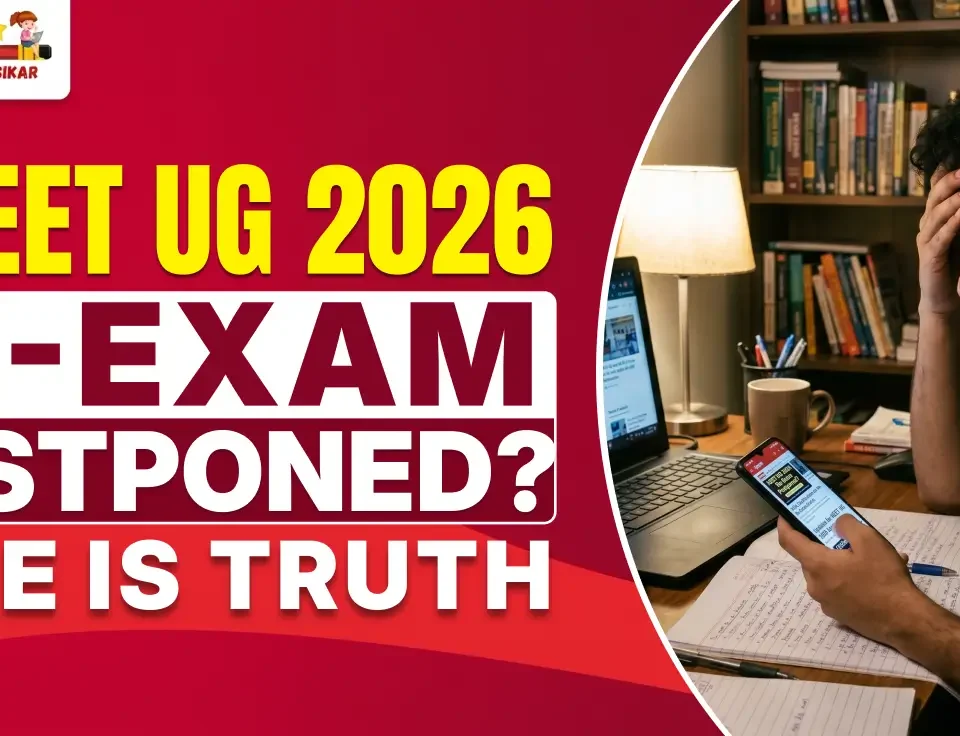 Stressed NEET UG 2026 aspirant checking phone for exam updates, with bold text "Is NEET UG 2026 Re-Exam Postponed? Here is Truth" by Best Coachings in Sikar