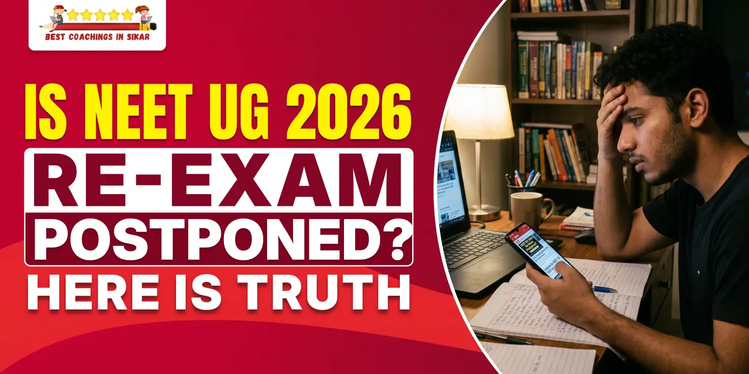 Stressed NEET UG 2026 aspirant checking phone for exam updates, with bold text "Is NEET UG 2026 Re-Exam Postponed? Here is Truth" by Best Coachings in Sikar
