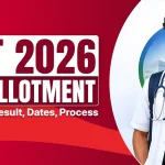 A promotional banner for NEET 2026 Seat Allotment featuring a smiling young male medical student in a white doctor’s coat holding a blue book, standing in front of a hospital background. Bold red and white text reads “NEET 2026 SEAT ALLOTMENT” with subtitle “Round-Wise Result, Dates, Process & Reporting”. Top-left logo shows “BEST COACHINGS IN SIKAR” with five stars and cartoon students.