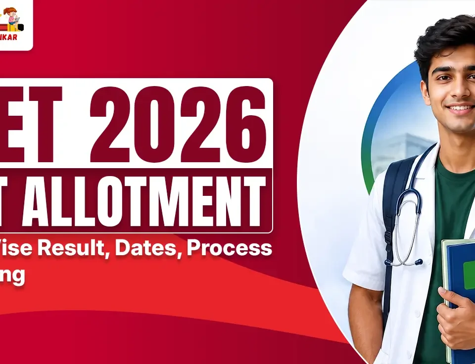 A promotional banner for NEET 2026 Seat Allotment featuring a smiling young male medical student in a white doctor’s coat holding a blue book, standing in front of a hospital background. Bold red and white text reads “NEET 2026 SEAT ALLOTMENT” with subtitle “Round-Wise Result, Dates, Process & Reporting”. Top-left logo shows “BEST COACHINGS IN SIKAR” with five stars and cartoon students.