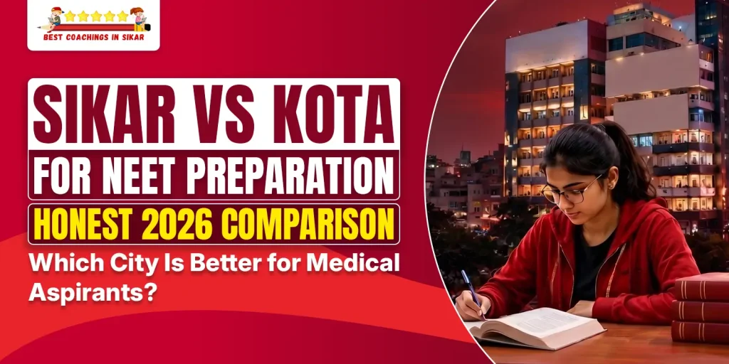 Sikar vs Kota for NEET Preparation 2026 comparison featuring a medical aspirant studying with a city skyline, highlighting the best city for NEET coaching.