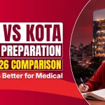 Sikar vs Kota for NEET Preparation 2026 comparison featuring a medical aspirant studying with a city skyline, highlighting the best city for NEET coaching.