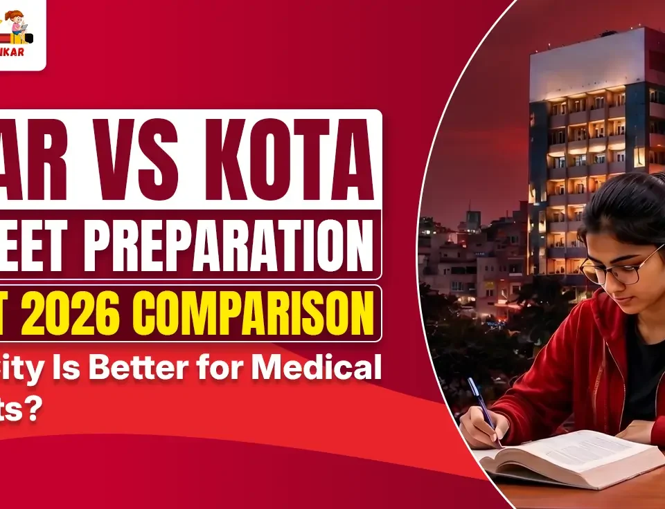 Sikar vs Kota for NEET Preparation 2026 comparison featuring a medical aspirant studying with a city skyline, highlighting the best city for NEET coaching.