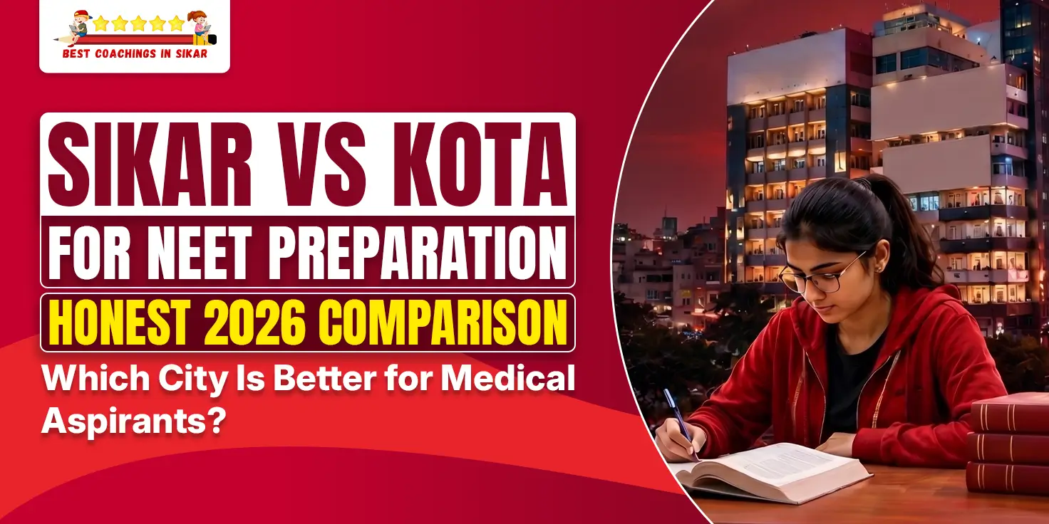 Sikar vs Kota for NEET Preparation 2026 comparison featuring a medical aspirant studying with a city skyline, highlighting the best city for NEET coaching.